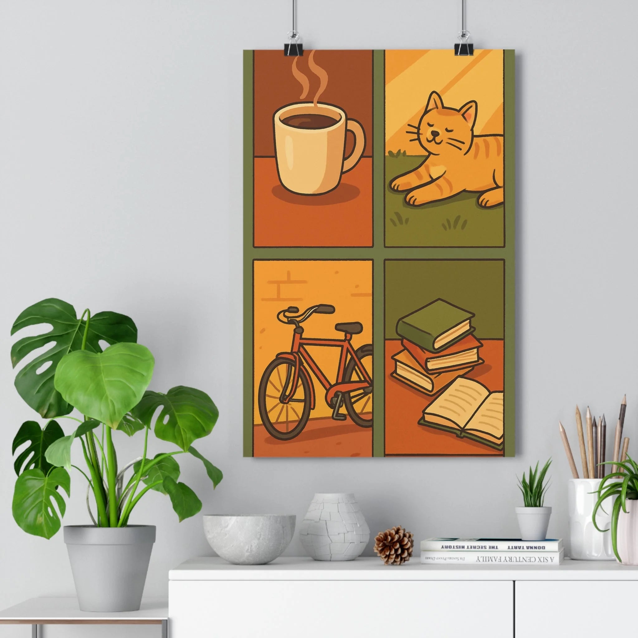 Poster décoratif vintage patchwork café chat vélo rouge livres chambre cosy rétro charmant qualité