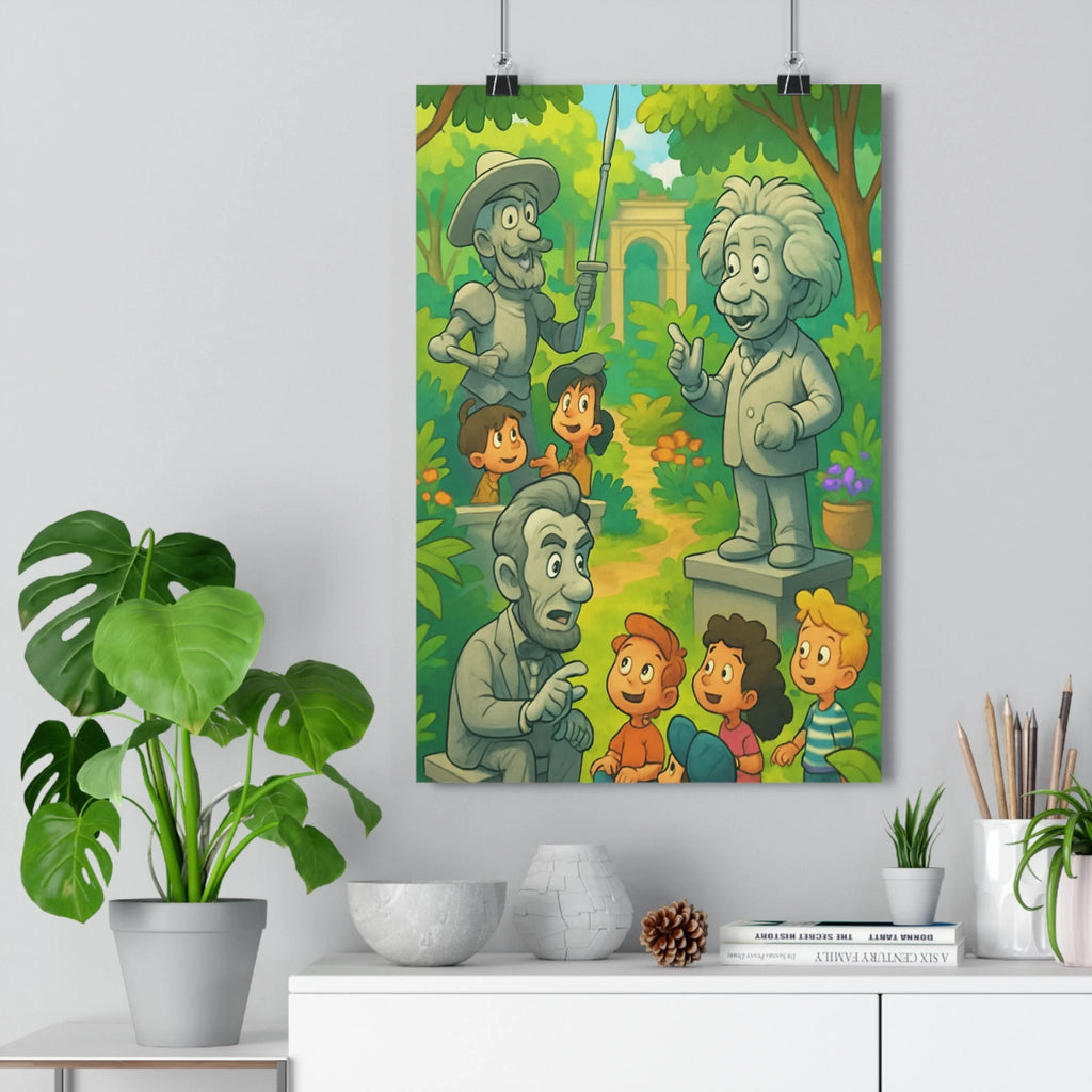 Poster décoratif cartoon vert coloré joyeux chambre enfant éducatif jardin statues personnages historiques qualité