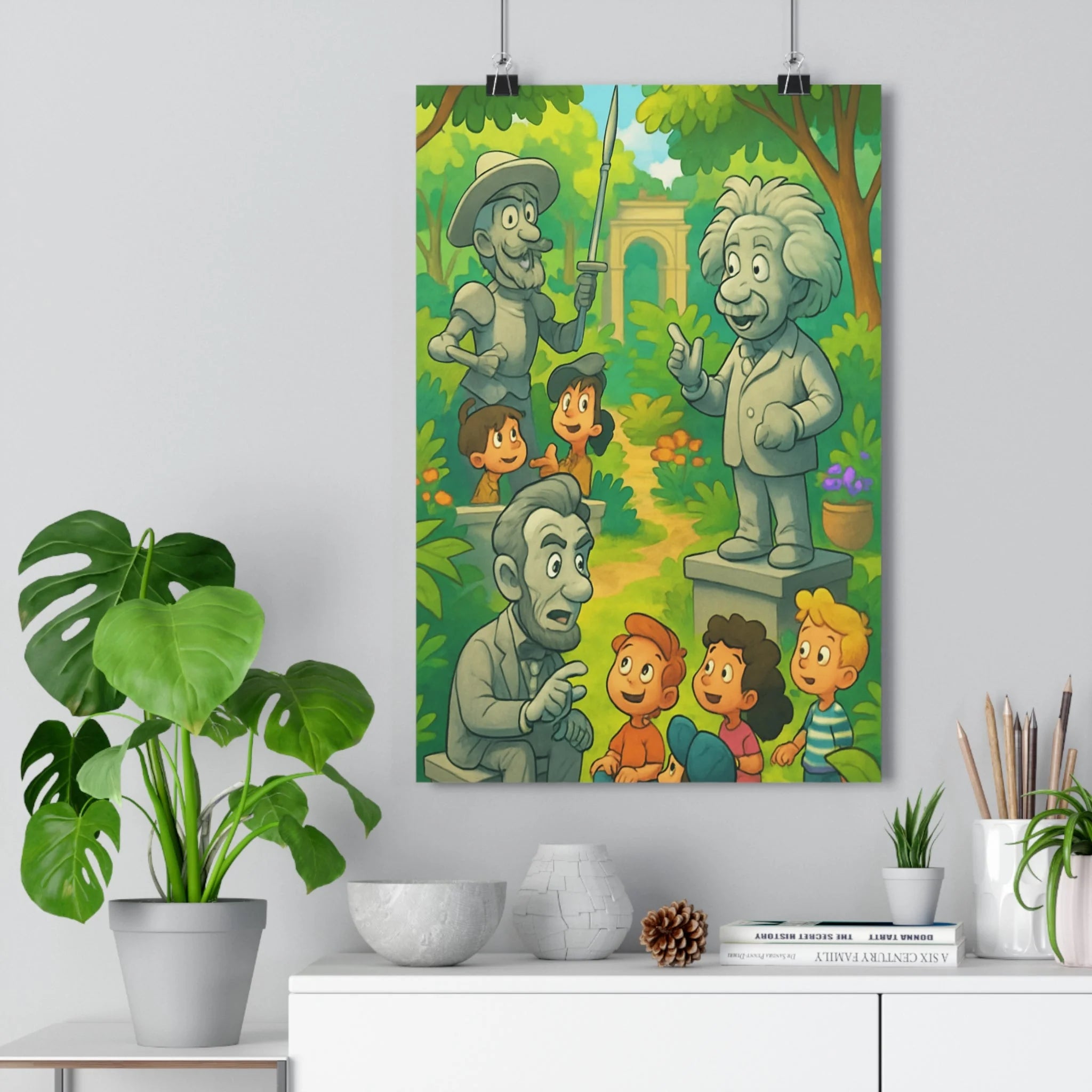 Poster décoratif cartoon vert coloré joyeux chambre enfant éducatif jardin statues personnages historiques qualité