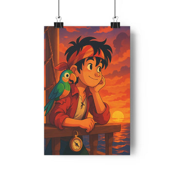 Poster enfant coquille compas banc marin couchant nuages oranges perroquet détails fin plante verte étagère blanche ambiance réfléchie aventure maritime