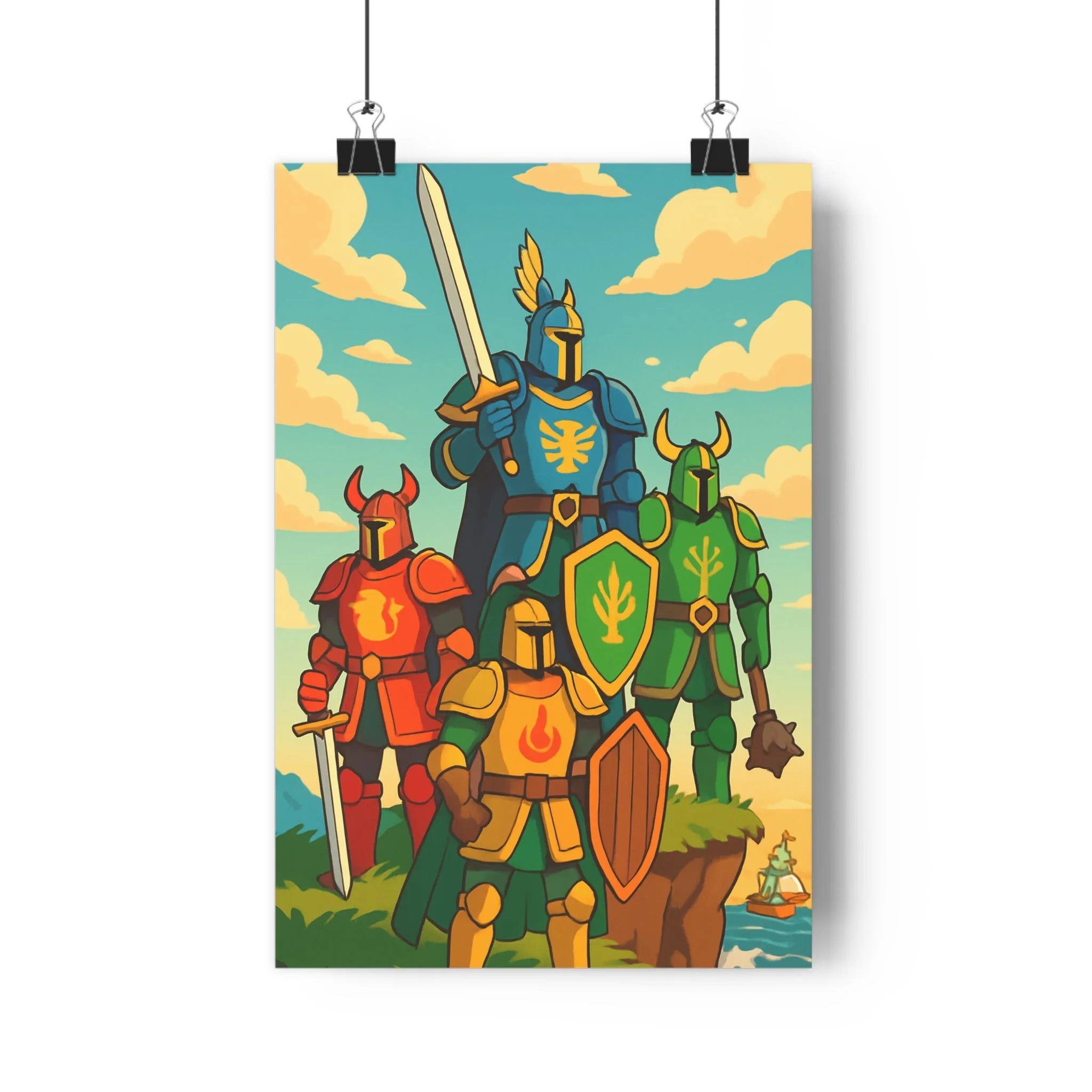 Poster décoratif épique chevaliers colorés animé aventure salon chambre mur art paysage vibrant qualité