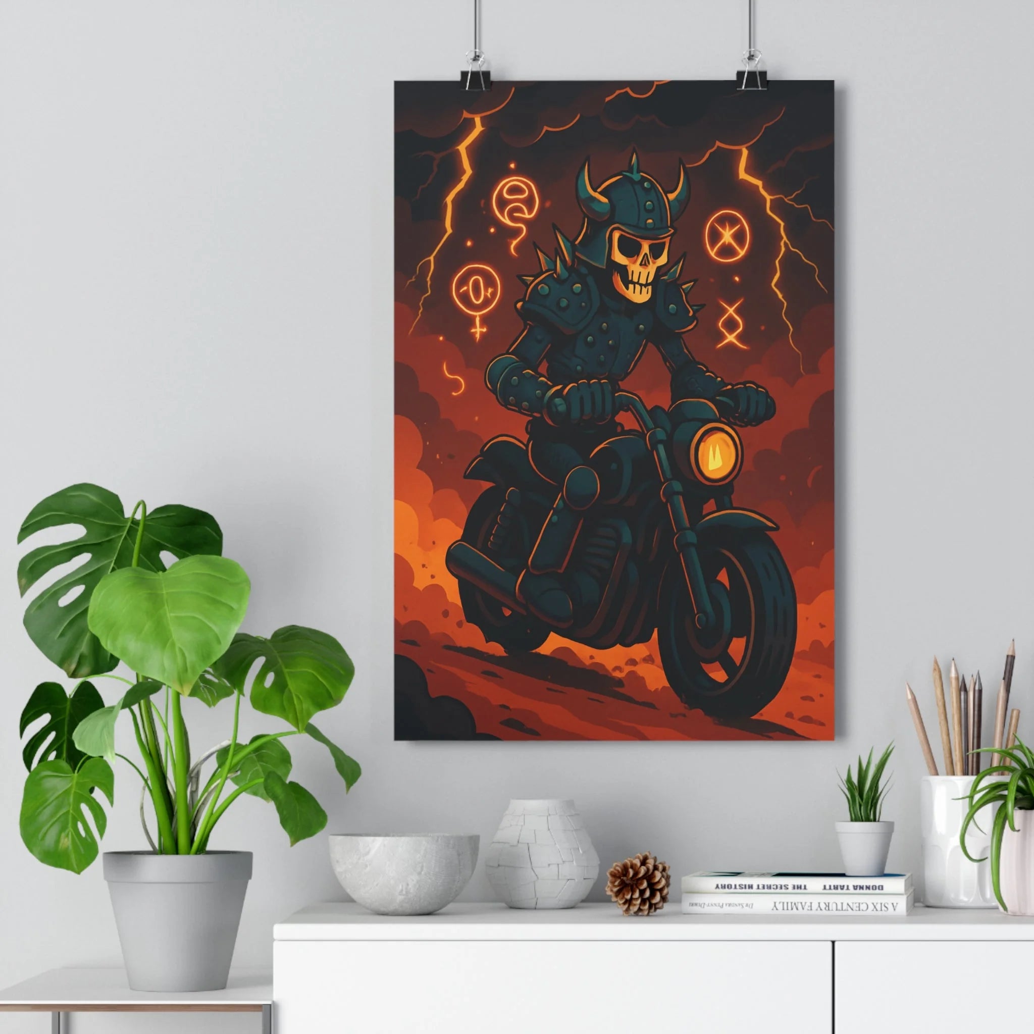 Poster décoratif sombre cartoon guerrier mystique aventure chambre moto orage éclairs dramatique 30x46 qualité