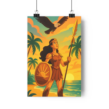 Poster guerrière lance bouclier plage coucher soleil nuages orangés bleus palmiers mer turquoise oiseau noir combat cartoon dynamique énergique chambre