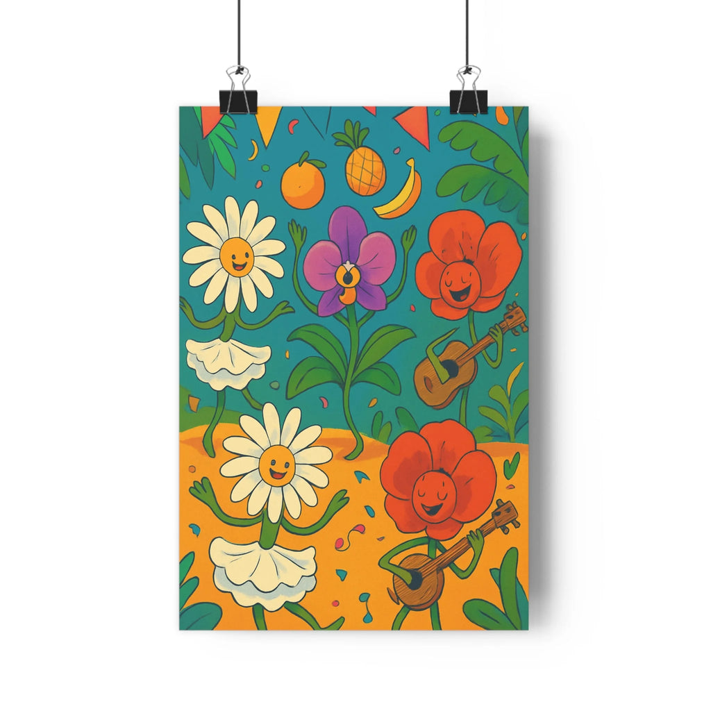 Poster fleurs animées guitare danse fruits confettis sol orange ciel bleu feuilles vertes ambiance festive cartoon colorful simple détails