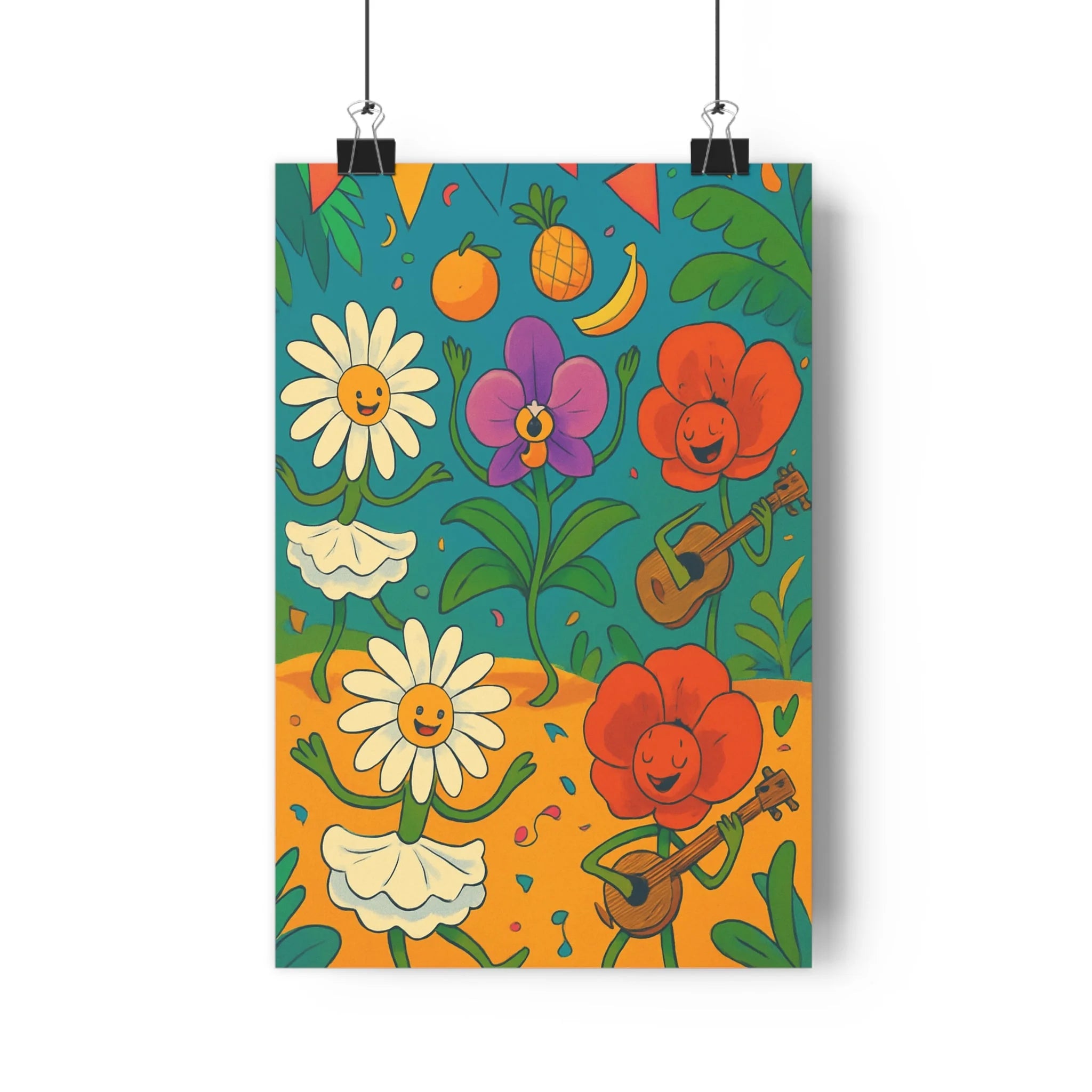 Poster décoratif cartoon fleurs coloré joyeux salon chambre enfant jaune vert orange ambiance festive