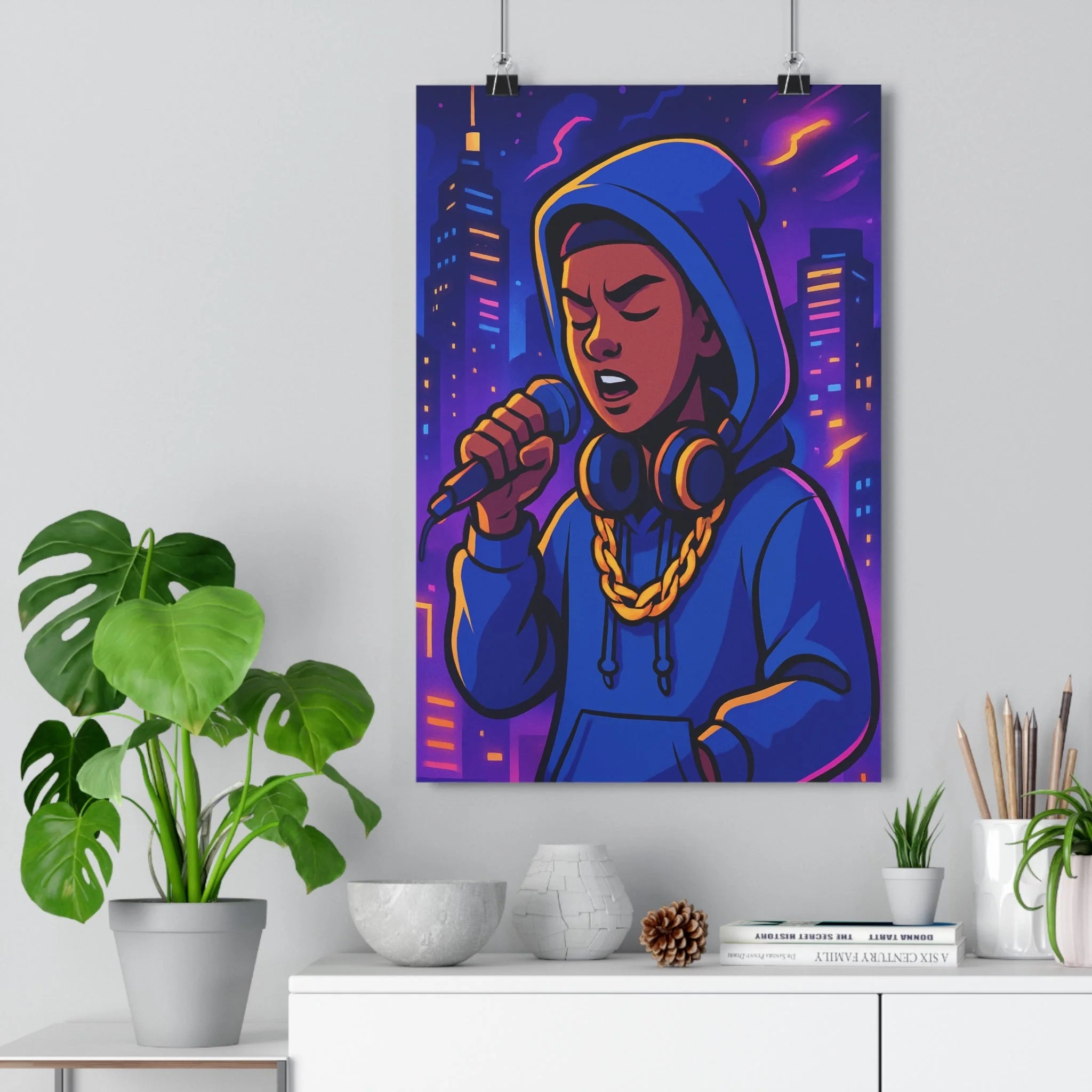 Poster décoratif moderne ville violet orange cartoon chambre salon dynamique urbain contemporain ambiance qualité