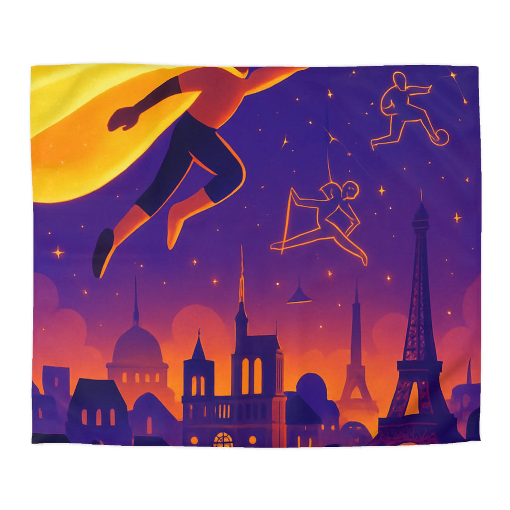 Housse de couette rêve parisien avec super-héros et constellations sportives lumineuses