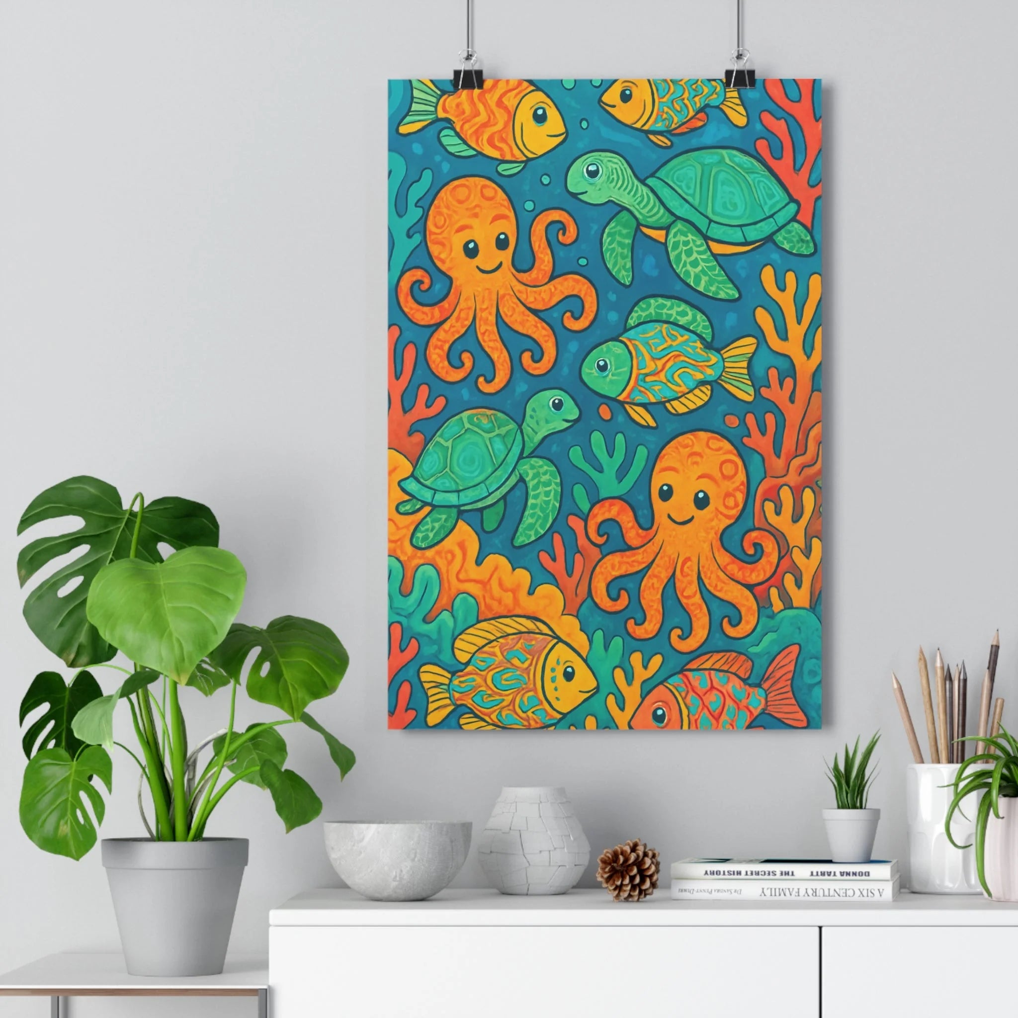 Poster décoratif cartoon enfants chambre bleu vert orange joyeux ludique océan créatif coloré 30x46