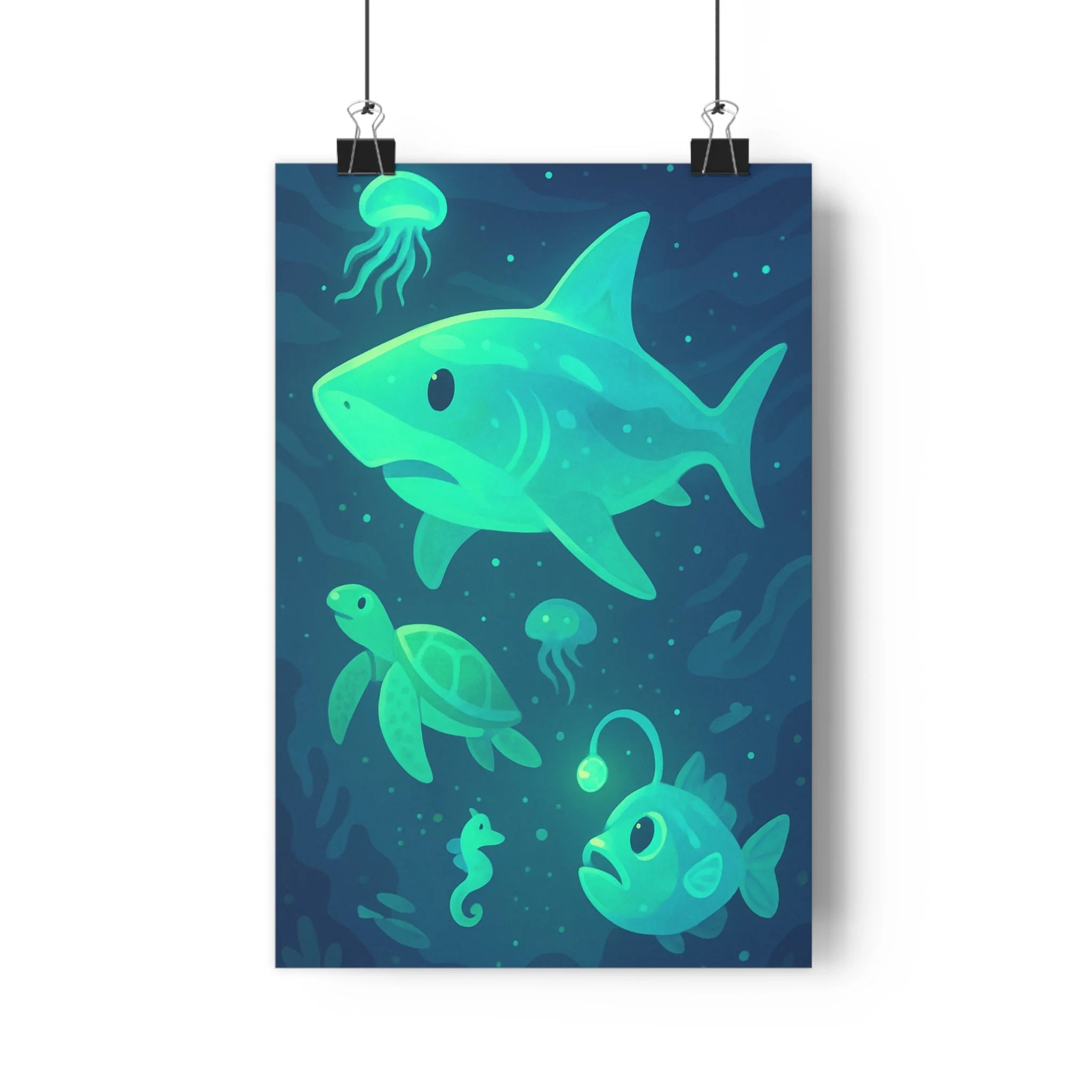 Poster décoratif onirique bleu vert requin tortue hippocampe méditatif chambre exotique mystérieux océan marin