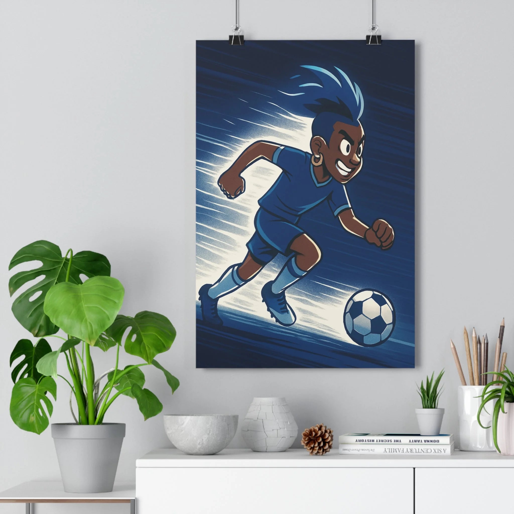 Poster décoratif anime bleu dynamique énergique sport chambre enfant football mouvement fluide vibrant moderne