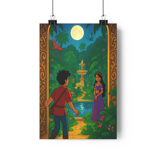 Poster jardin nocturne personnages luxuriants palmiers fleurs fontaine lune bleu nuit oiseaux volants ambiance mystérieuse sérénité chambre