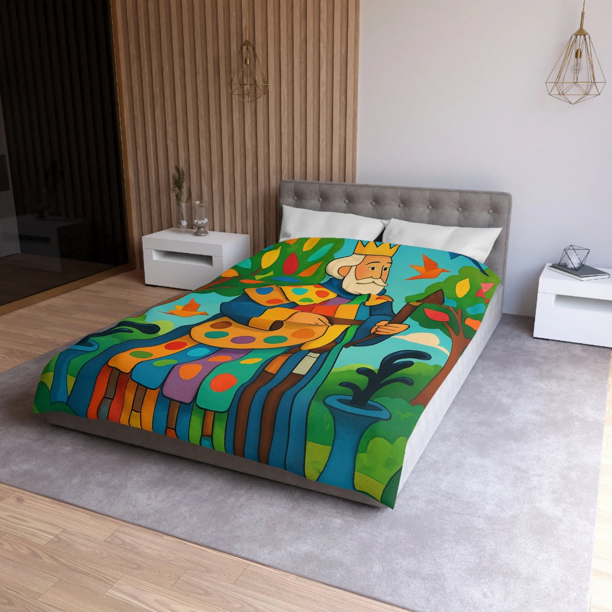 Housse de couette multicolore avec roi et oiseaux dans un jardin enchanteur
