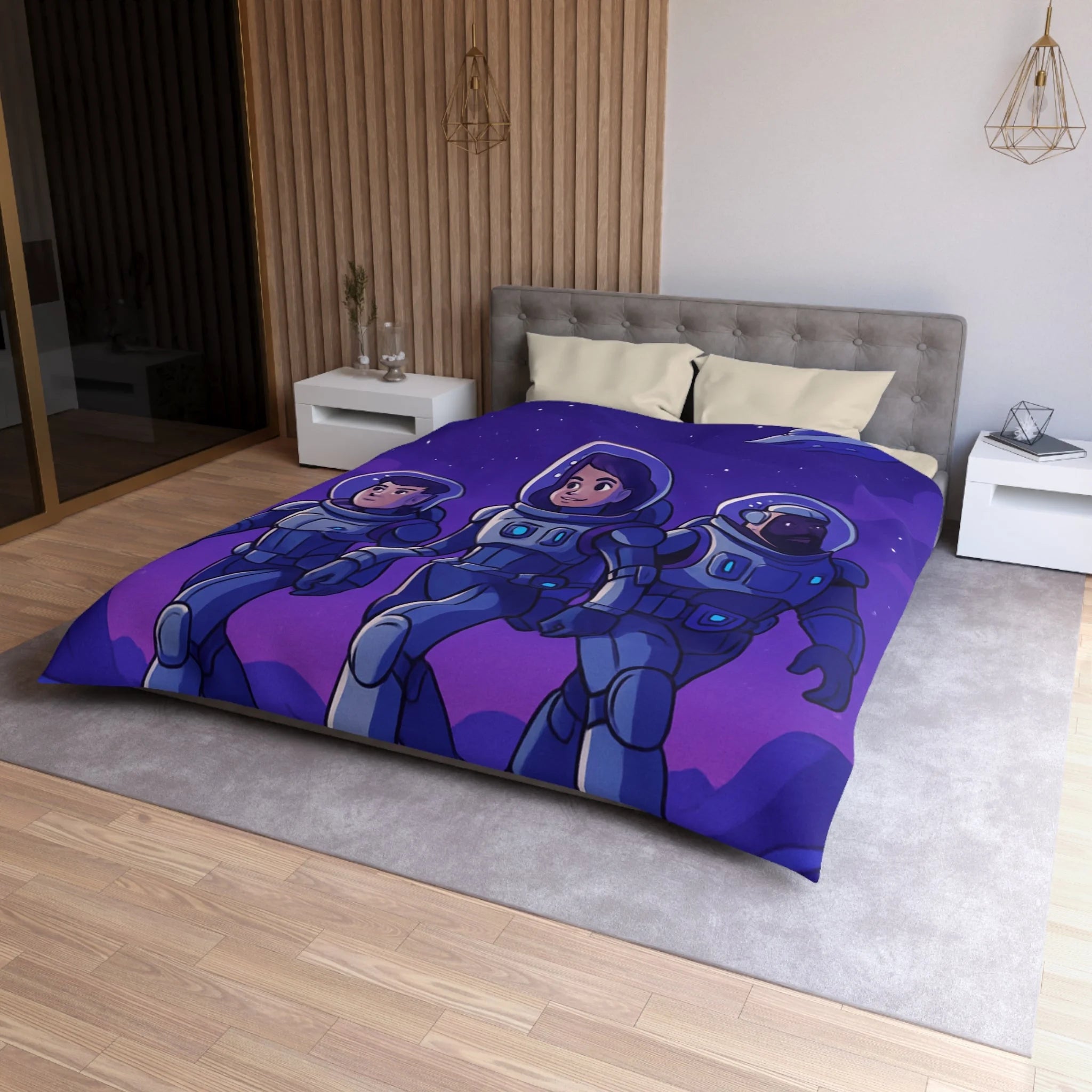 Housse de Couette Spatiale avec Astronautes, Vaisseaux et Étoiles sur Fond Violet