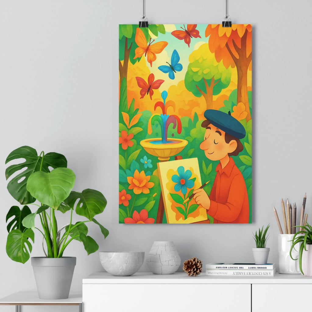Poster décoratif jardin féerique fleurs papillons colorés joyeux salon chambre enfant artistique multicolore qualité