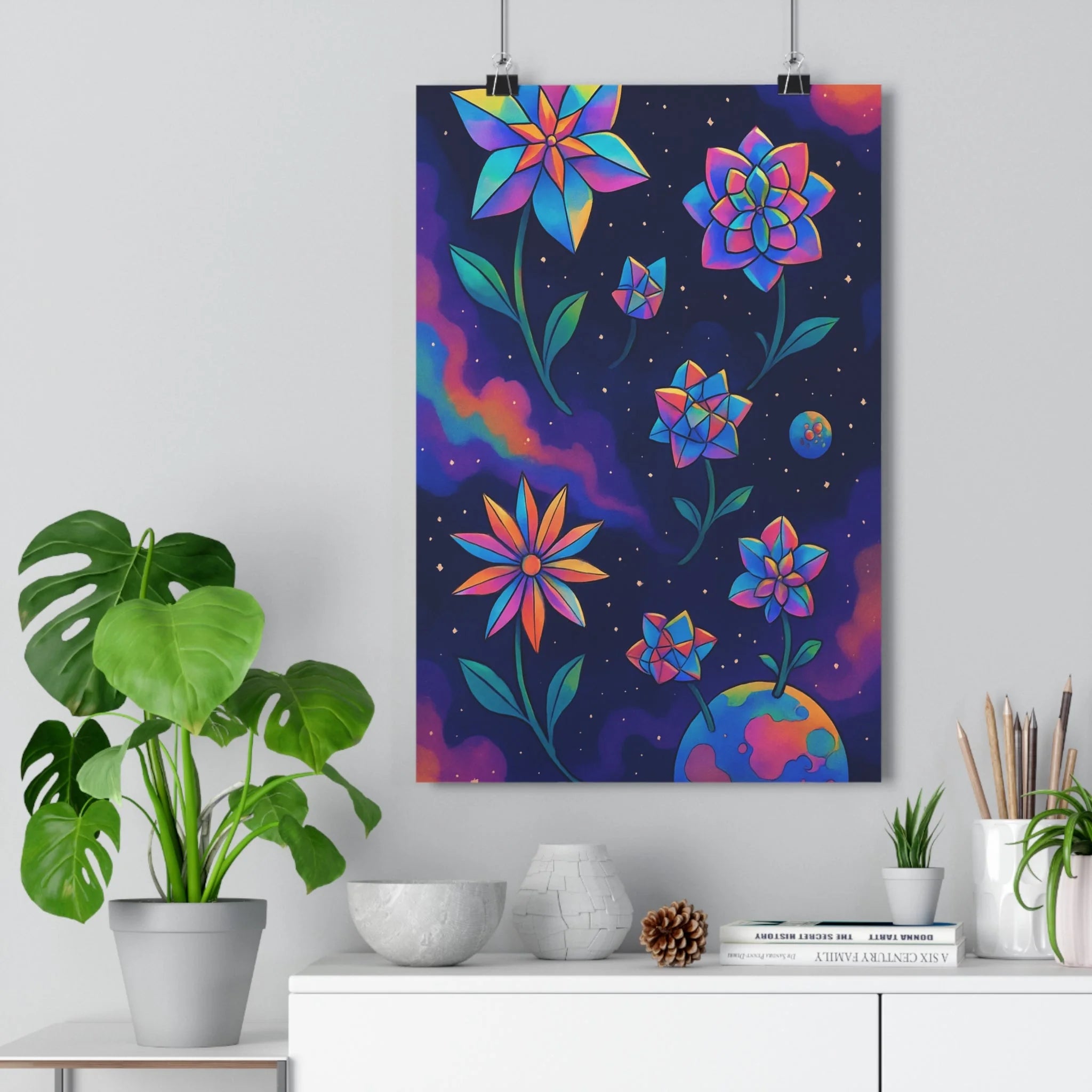 Poster décoratif fleurs univers bleu violet orange cartoon espace futuriste mystique chambre salon élégant