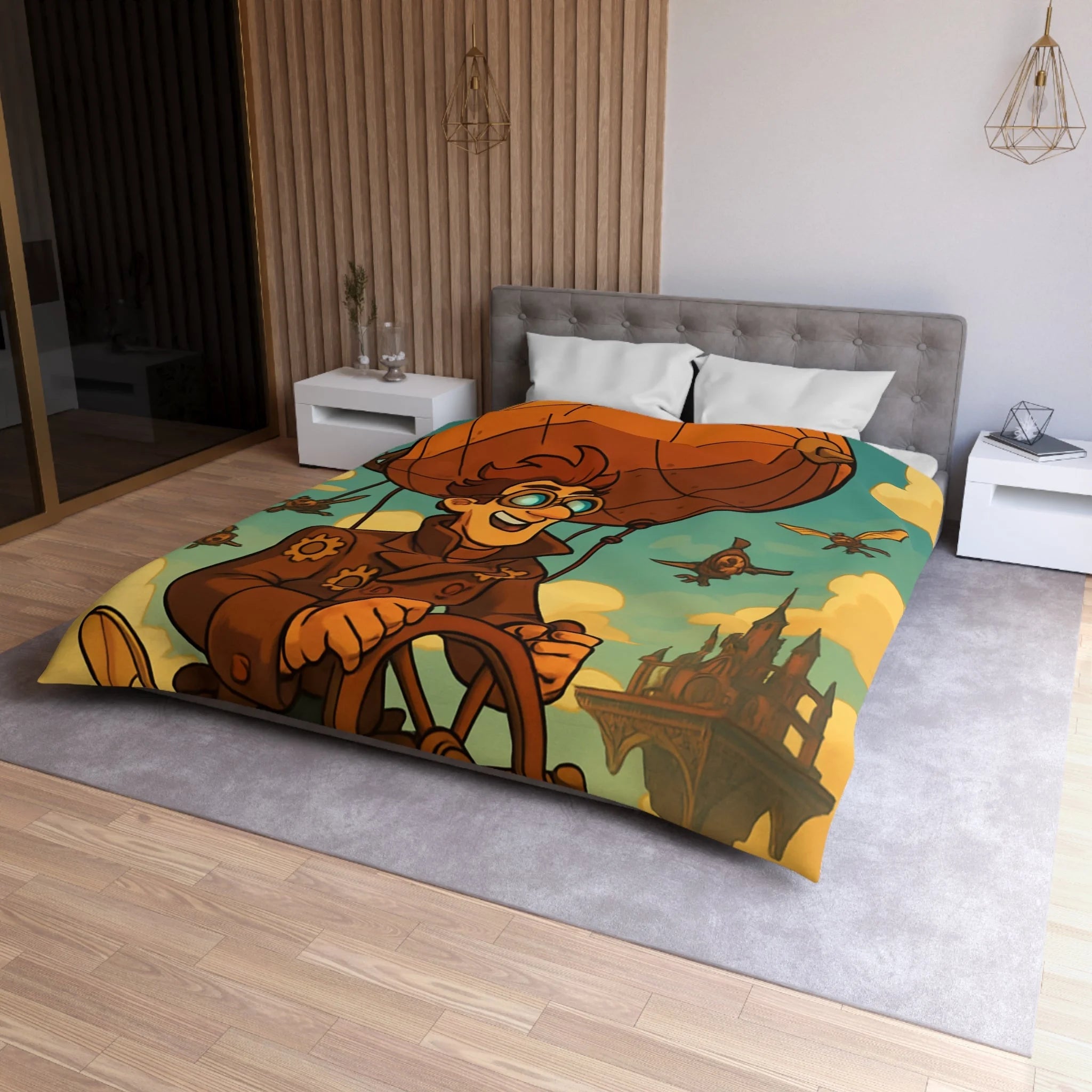 Housse de Couette Steampunk avec Ballon Dirigeable et Cité Volante dans le Ciel