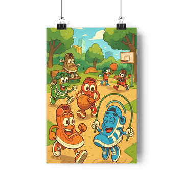 Poster cartoon baskets sportives joyeuses parc arbre terrain basket structure expressive verte rouge bleu orangée dynamique active chambre salon