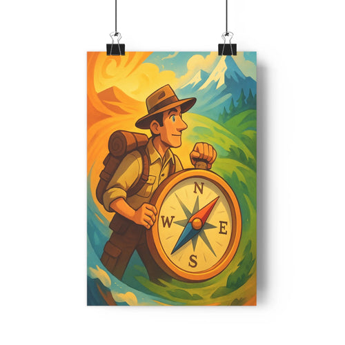 Poster aventure explorateur montagne forêt boussole bateau chapeau soleil levant orange jaune vert bleu cartoon dynamique vibrant chambre bureau