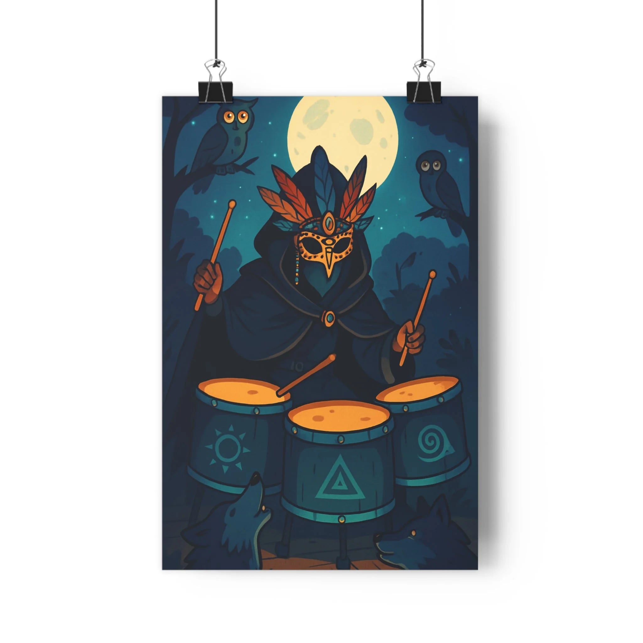 Poster décoratif gothique dessin animé bleu orange mystérieux chambre salon personnage masqué hiboux loups