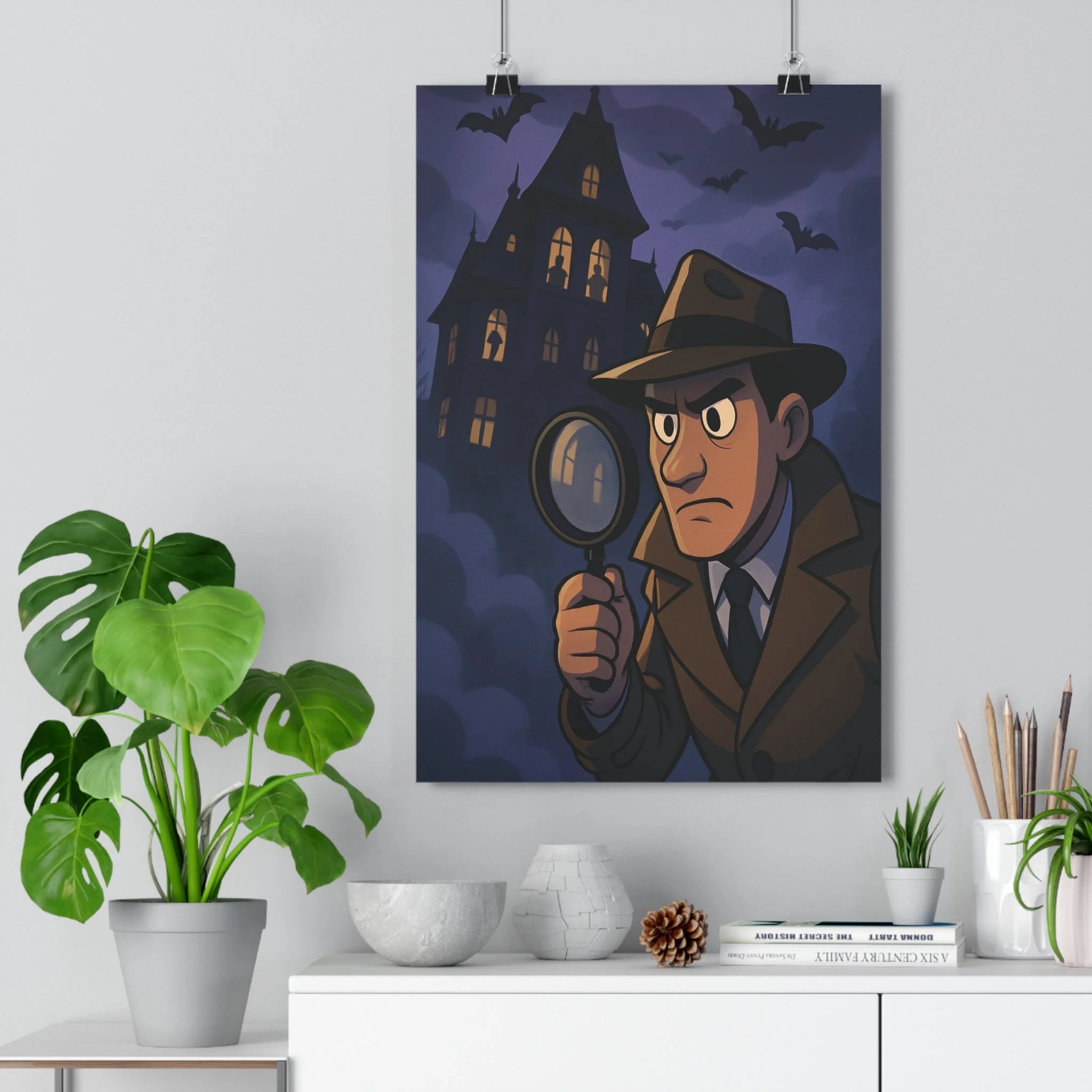 Poster décoratif mystère manoir hanté gothique détective chauvessouris sombre intrigant salon chambre 30x46cm qualité