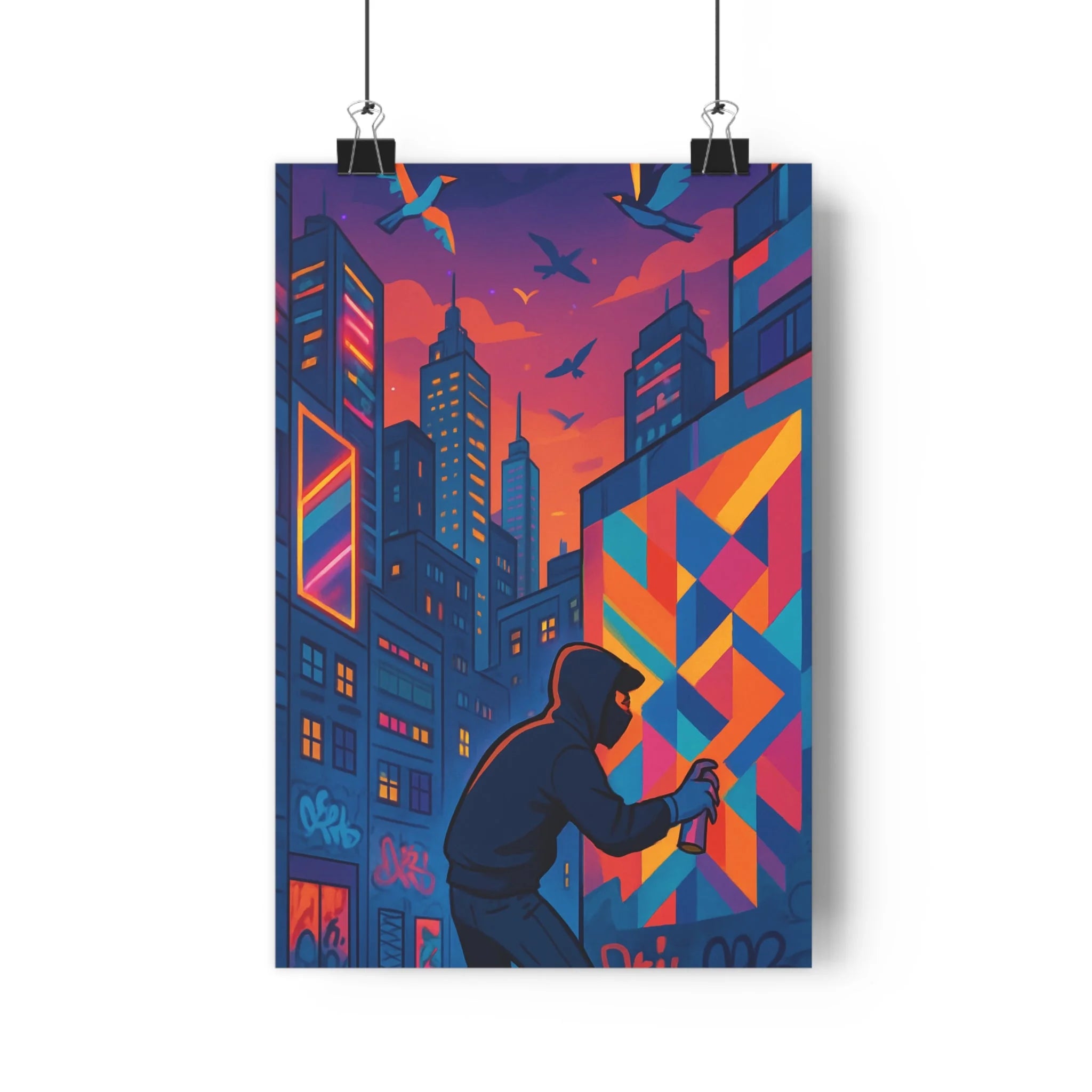 Poster décoratif urbain art moderne bleu orange rose géométrique salon chambre dynamique mural tendance