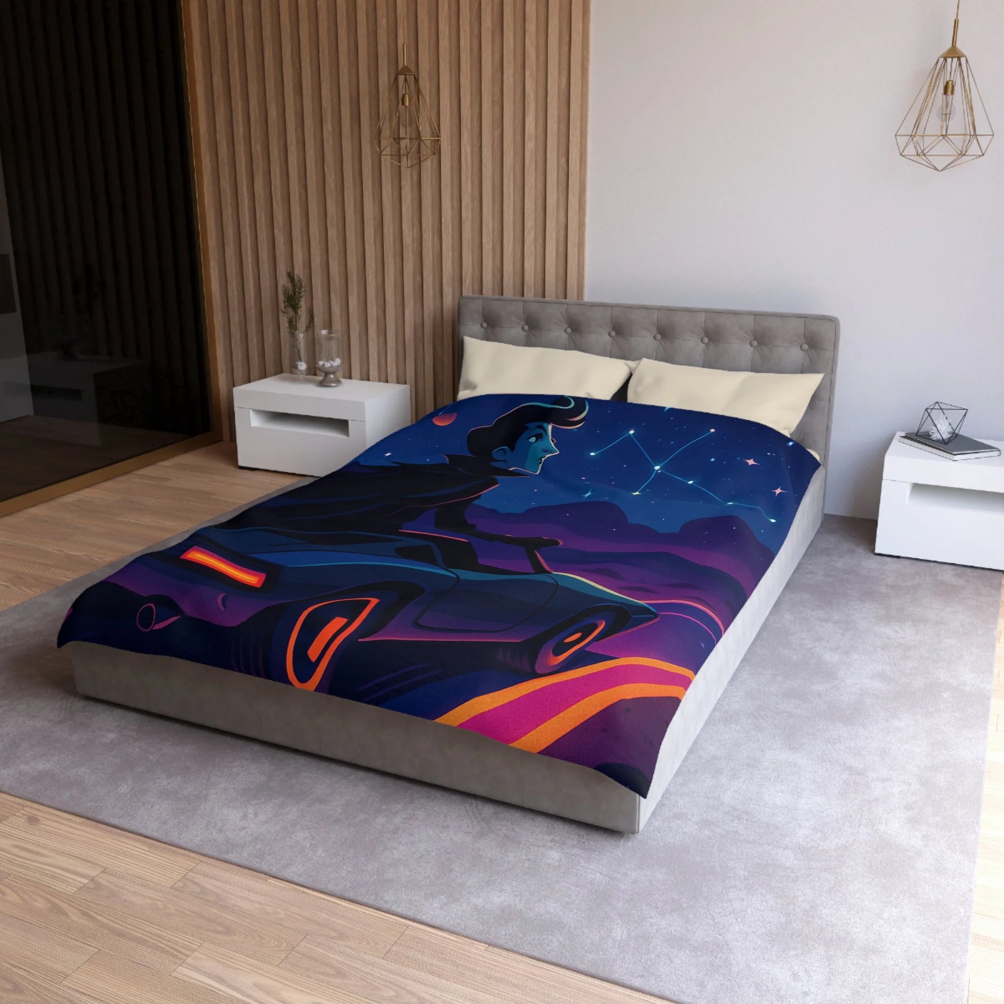Housse de couette rétro avec constellations et voiture sous ciel étoilé et planète