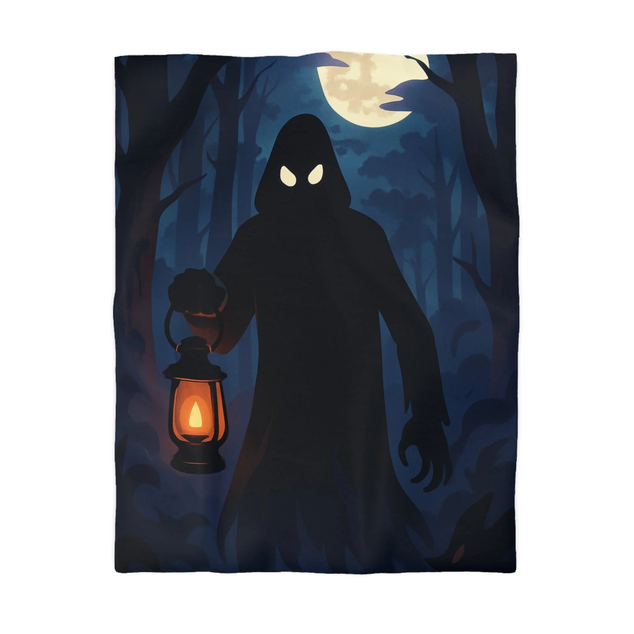 Housse de couette mystérieuse, forêt nocturne avec silhouette et pleine lune lumineuse