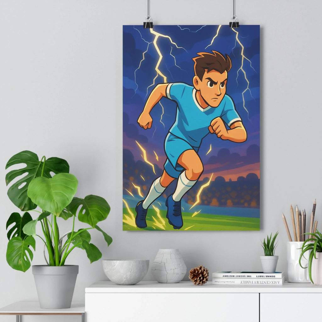 Poster décoratif anime football dynamique éclairs bleu jaune intense énergique chambre moderne vivant puissant