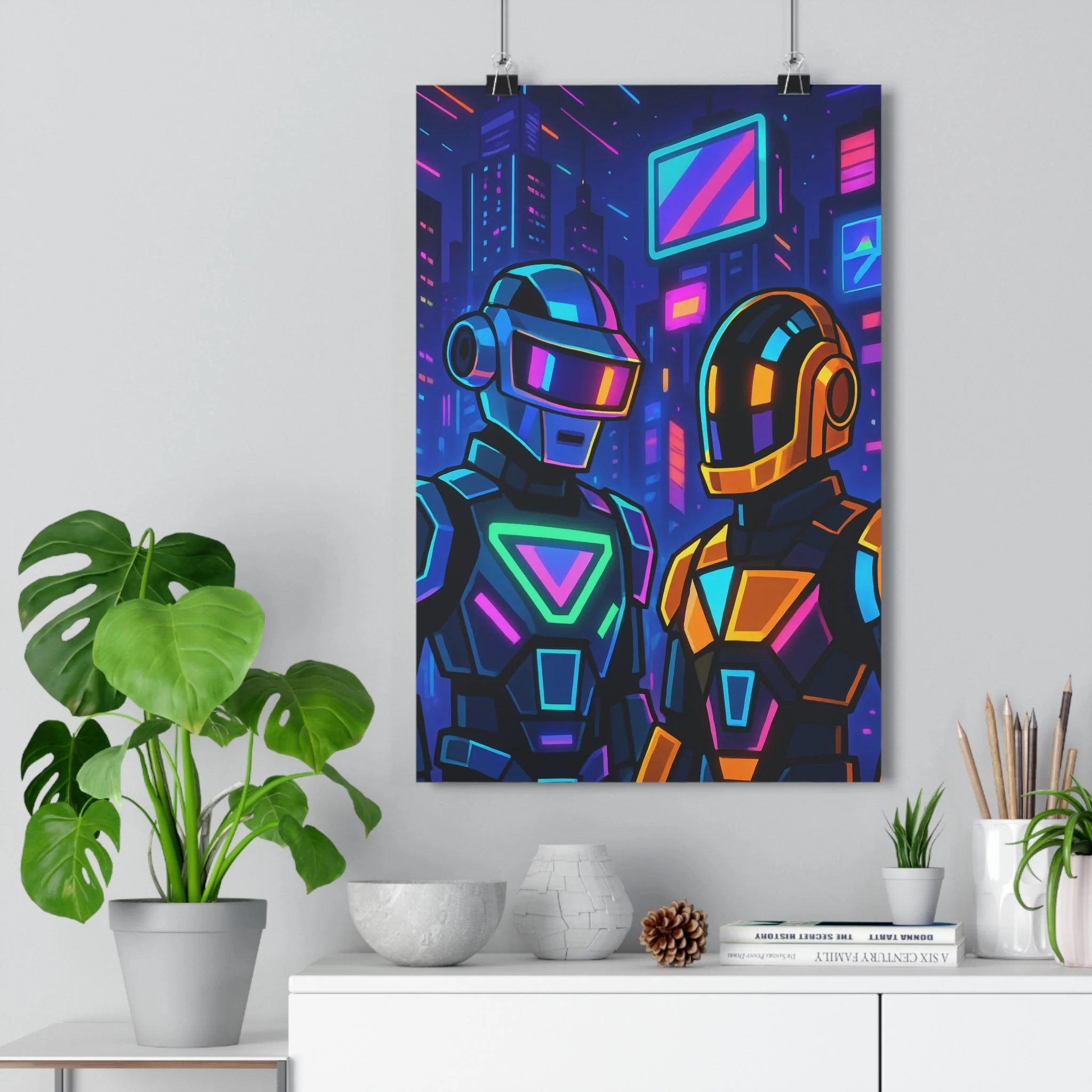 Poster décoratif futuriste cyberpunk néons lumineux bleu rose orange moderne urbain bureau ambiance électrique