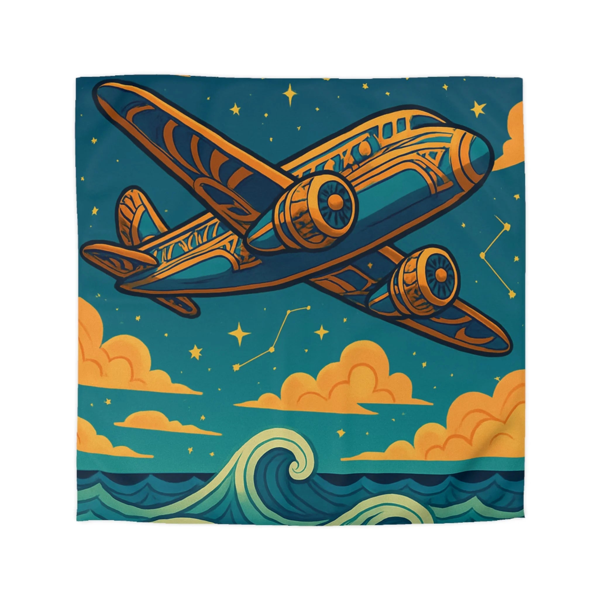 Housse de couette vintage avion voyageur sur ciel étoilé et mer tourmentée