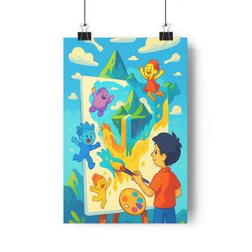 Poster peinture garçon concentré toile personnages colorés paysage fantastique montagnes nuages palette pinceau couleurs vives ambiance joyeuse style graphique enfantin