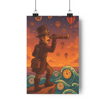 Poster steampunk explorateur montgolfières nuit horloges vague bleu violet mystère ambiance fantastique salon bureau