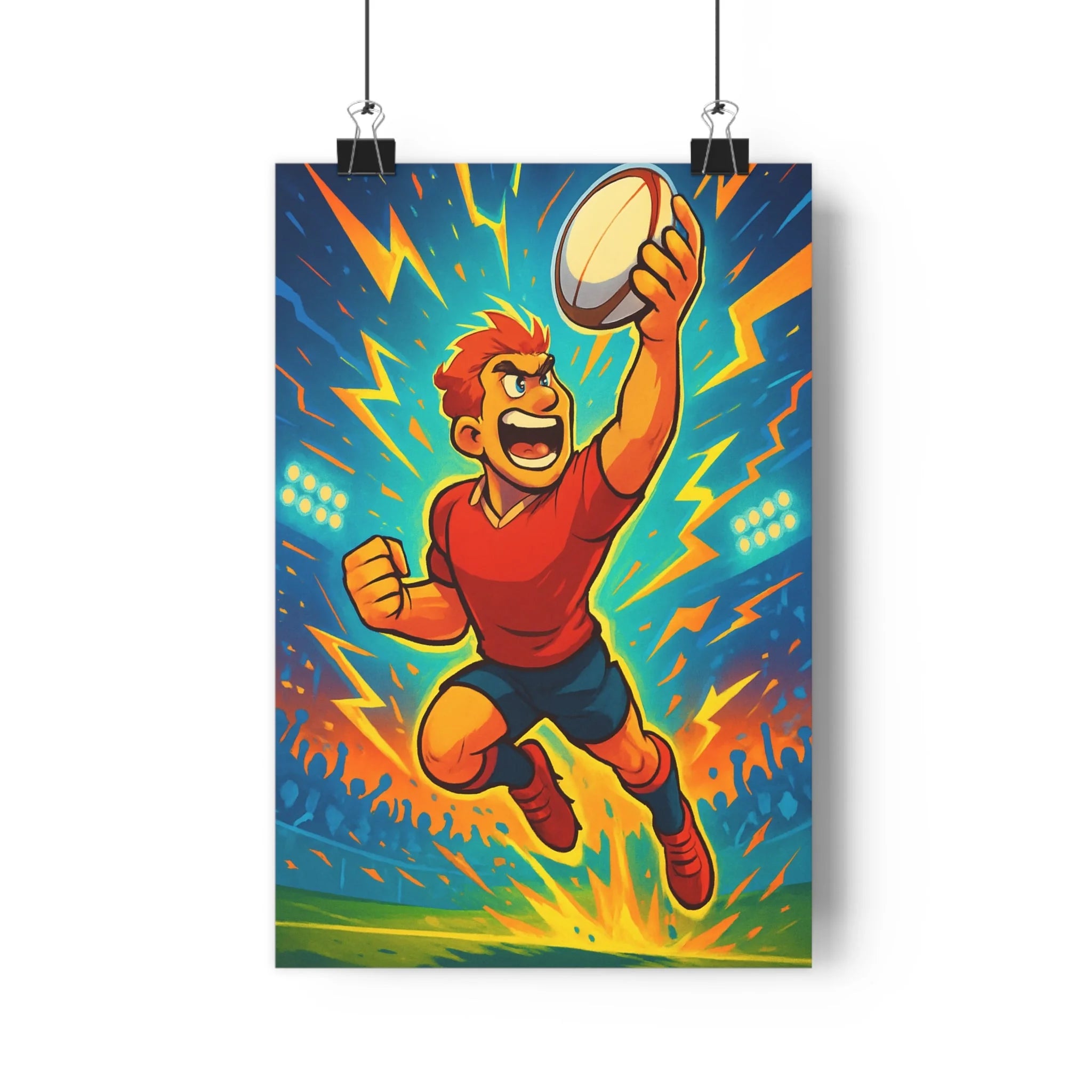 Poster décoratif sportif vibrant bleu orange jaune dynamique chambre salon 30x46 aventure héros rugby