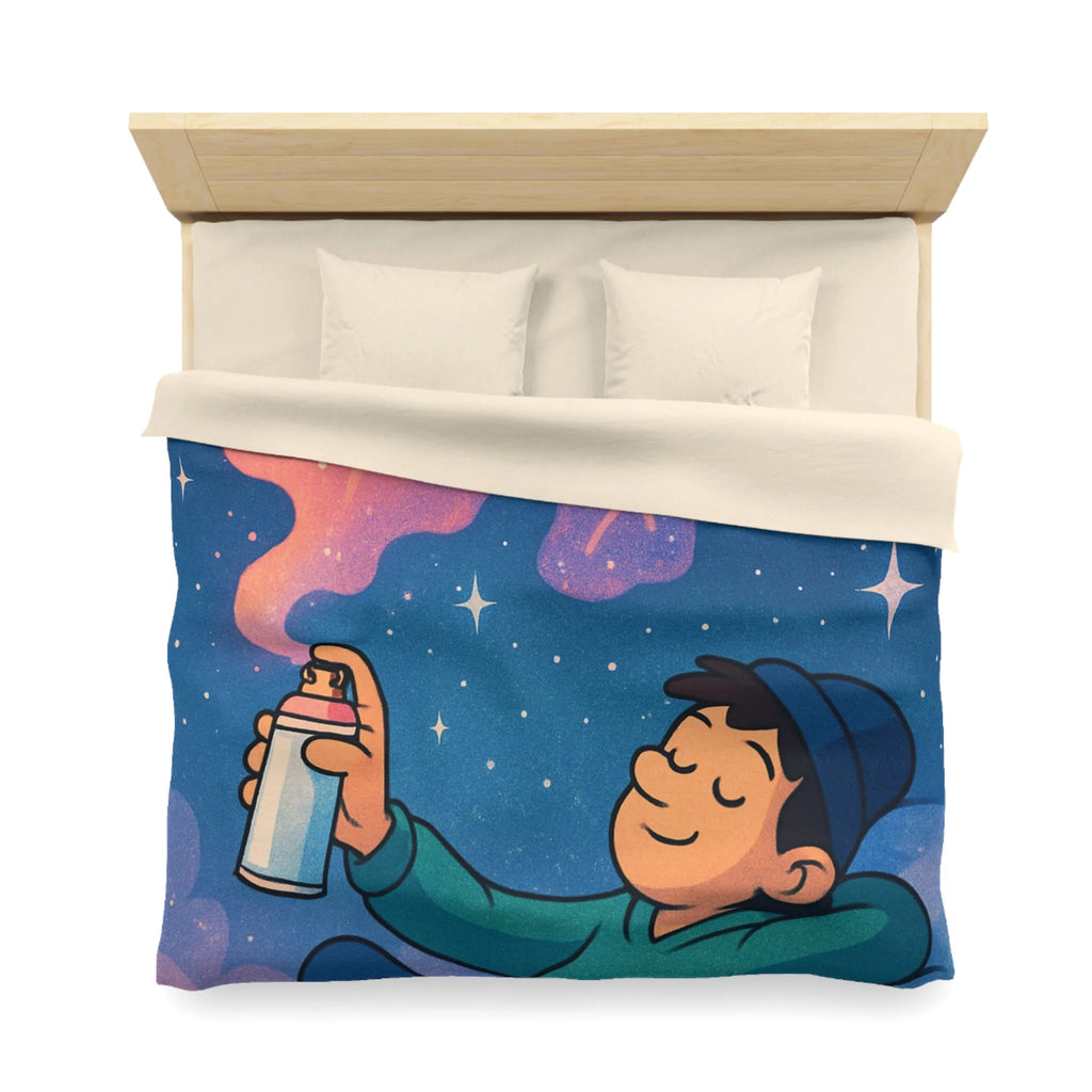 Housse de couette rêve étoilé avec jeune garçon et spray cosmique coloré