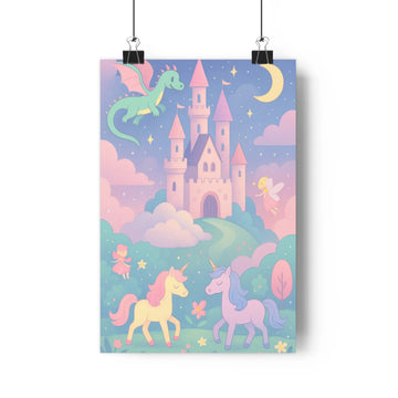 Poster féerie château tours roses dragon licornes fées champ fleuri nuages pastel bleu vert rose ambiance enchantée chambre créatif