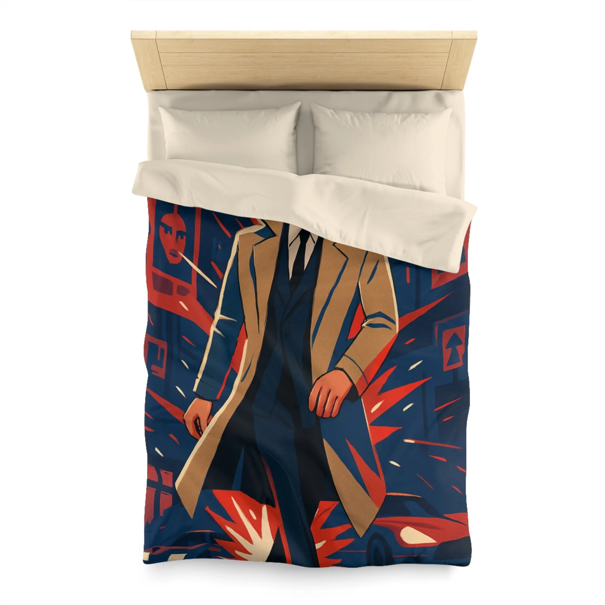 Housse de couette rétro style espion urbain avec homme et ambiance dramatique