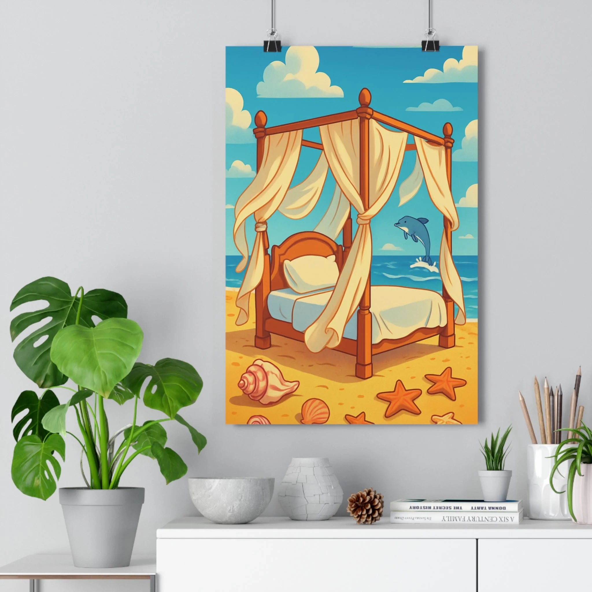 Poster décoratif tropical bleu beige corail cartoon plage relaxant chambre enfant exotique artistique joyeux