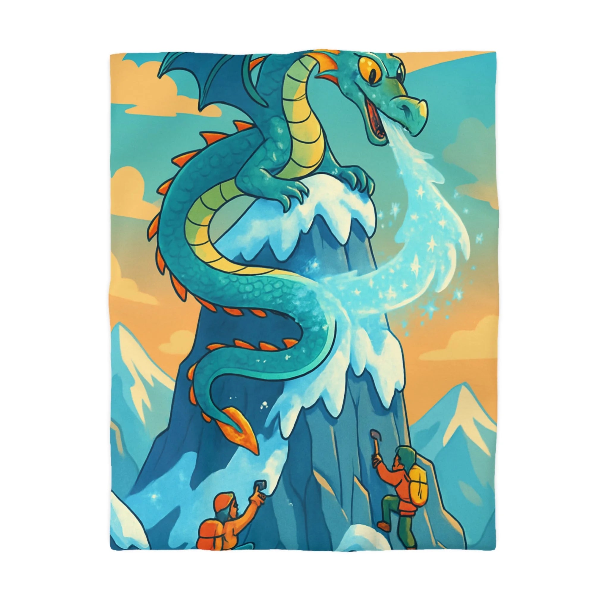 Montagne enneigée gardée par un dragon crachant de la glace, aventure épique illustrée