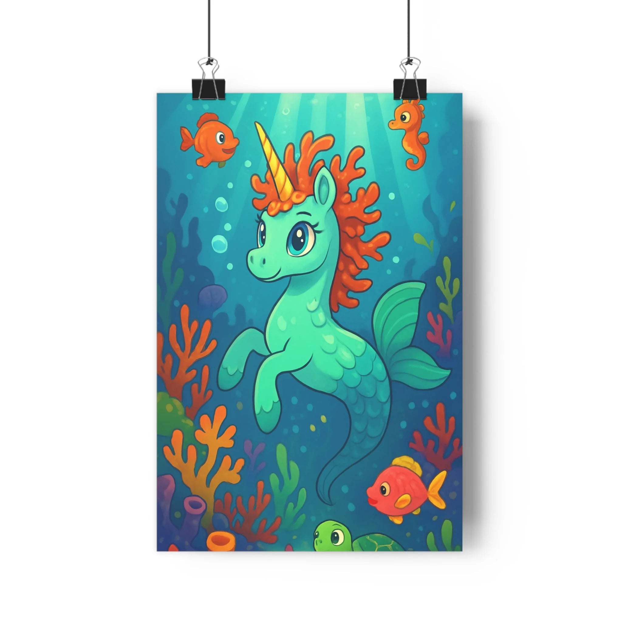 Poster décoratif dessin animé turquoise orange joyeux enfant chambre créatif licorne marine corail 30x46