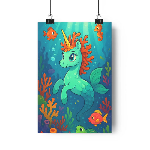 Poster décoratif dessin animé turquoise orange joyeux enfant chambre créatif licorne marine corail 30x46
