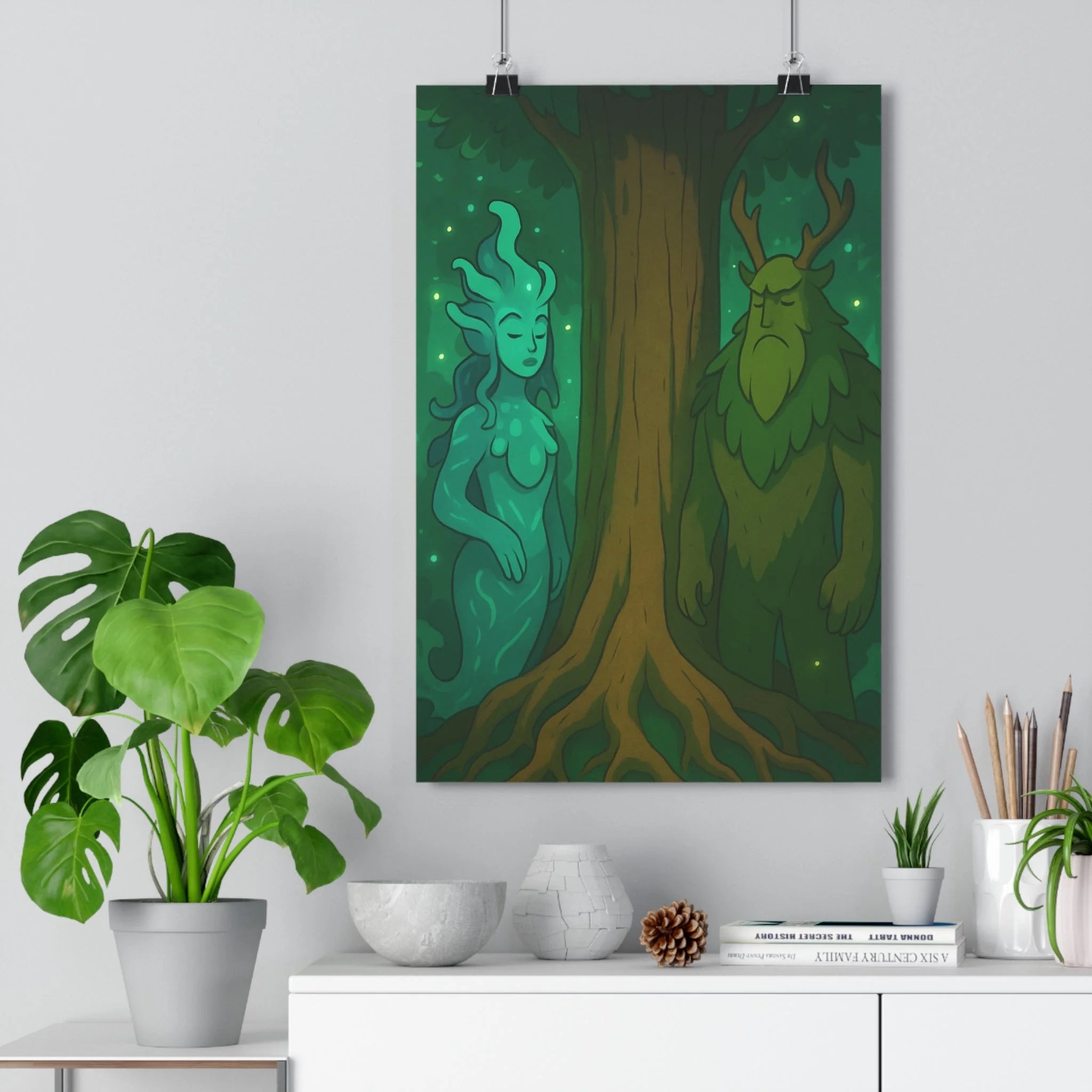 Poster décoratif mystique vert anime salon chambre spirituel équilibré nature illustration apaisante muraux intérieur