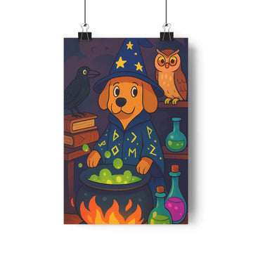 Poster chien sorcier étoiles chapeau pointu cauldron flammes corbeau hibou bouteilles potions livre plante verte ambiance magique style cartoon