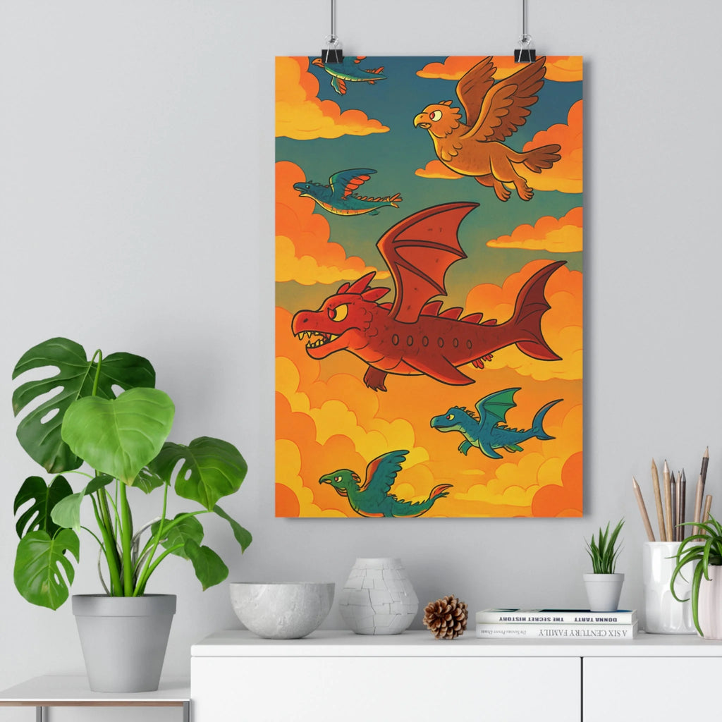 Poster décoratif fantastique dragon rouge oiseaux colorés ciel ensoleillé cartoon vibrant salon chambre aventure