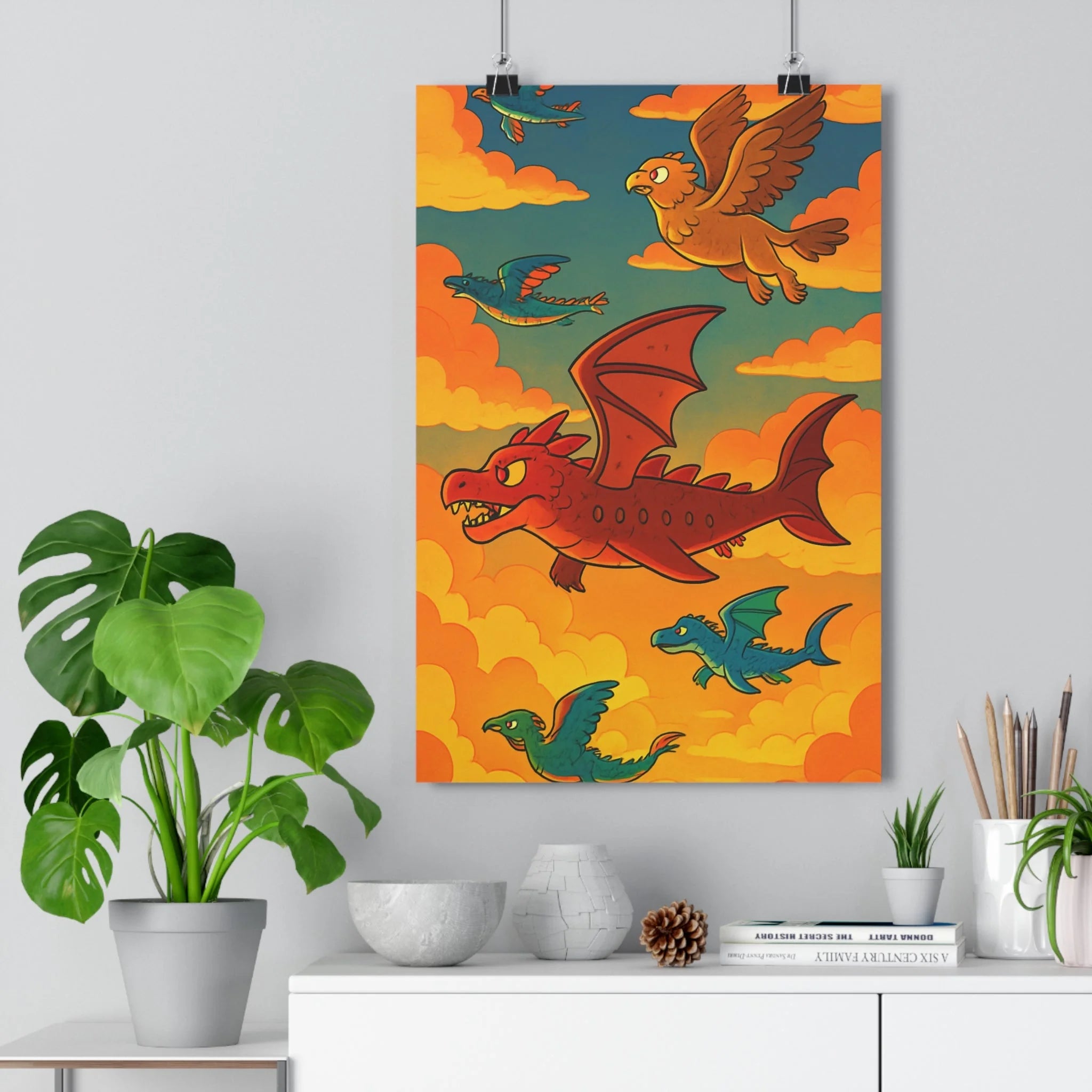 Poster décoratif fantastique dragon rouge oiseaux colorés ciel ensoleillé cartoon vibrant salon chambre aventure