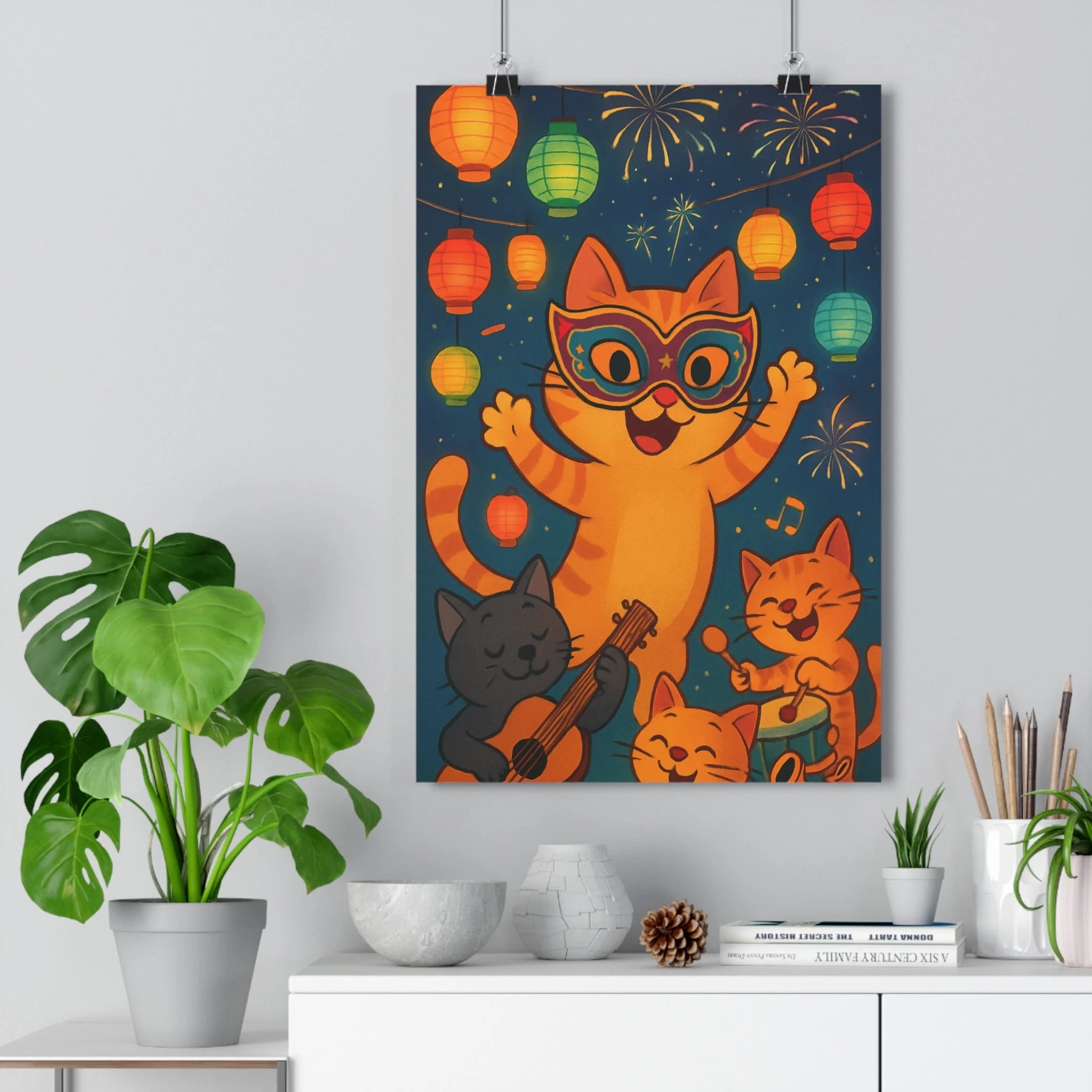 Poster décoratif moderne chat musique coloré joyeux salon chambre enfant art animation vibrant qualité