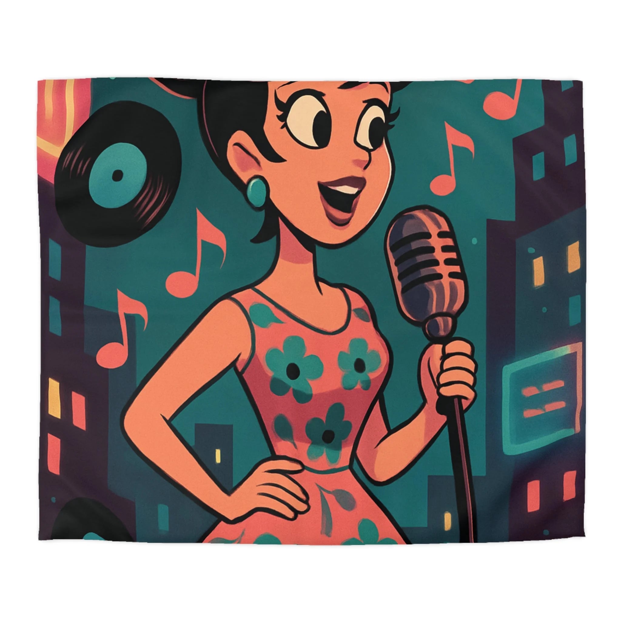 Housse de Couette Vintage Femme en Robe à Fleurs Chante Microphone Musique.