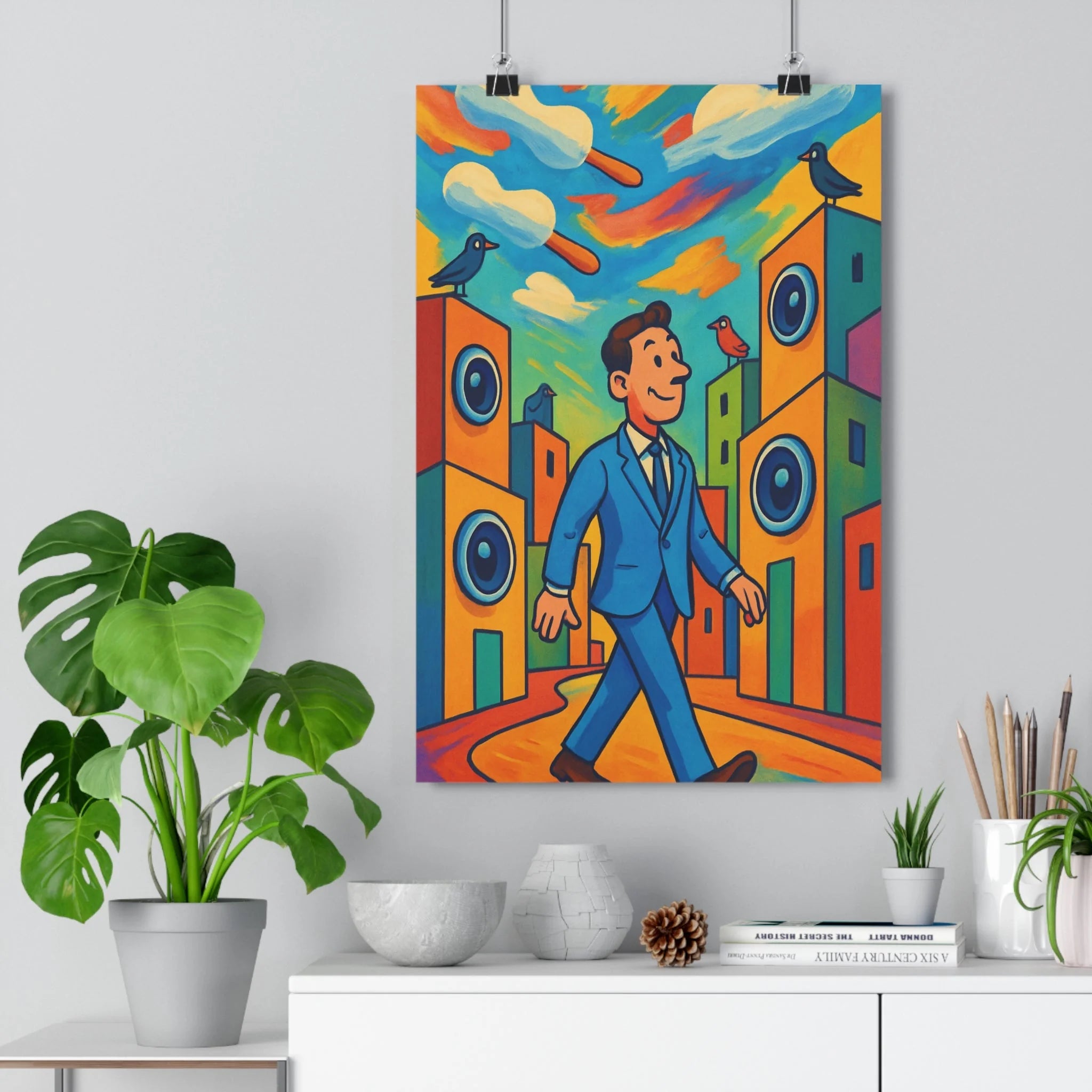 Poster décoratif cartoon vibrant bleu jaune orange joyeux salon bureau chambre maison moderne ludique