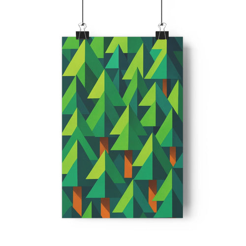 Poster abstrait géométrique triangles verts marrons fond noir pièce moderne meuble blanc livres vase cône pin plante grasse pot gris