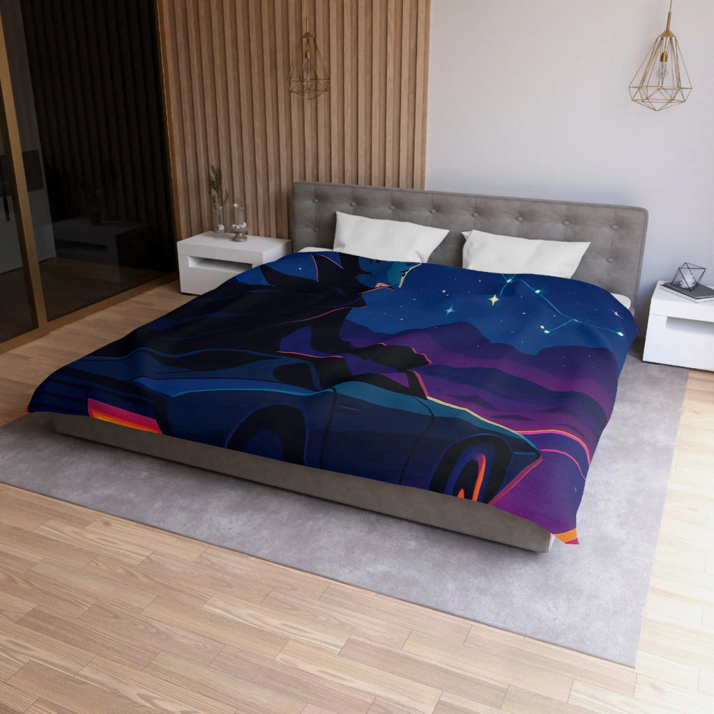 Housse de couette rétro avec constellations et voiture sous ciel étoilé et planète