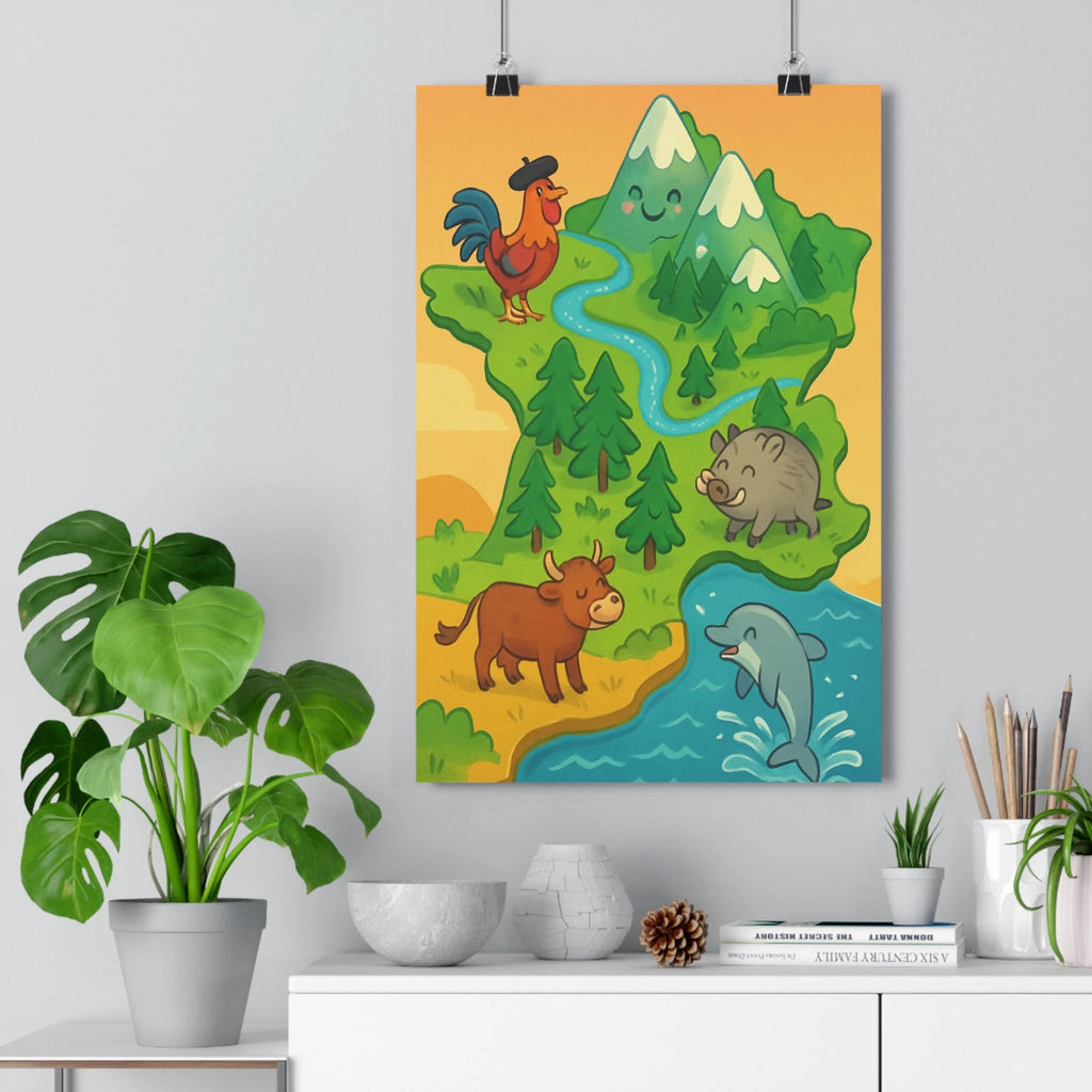 Poster décoratif carte France coloré cartoon enfant ludique joyeux montagne animal ambiance chambre 30x46